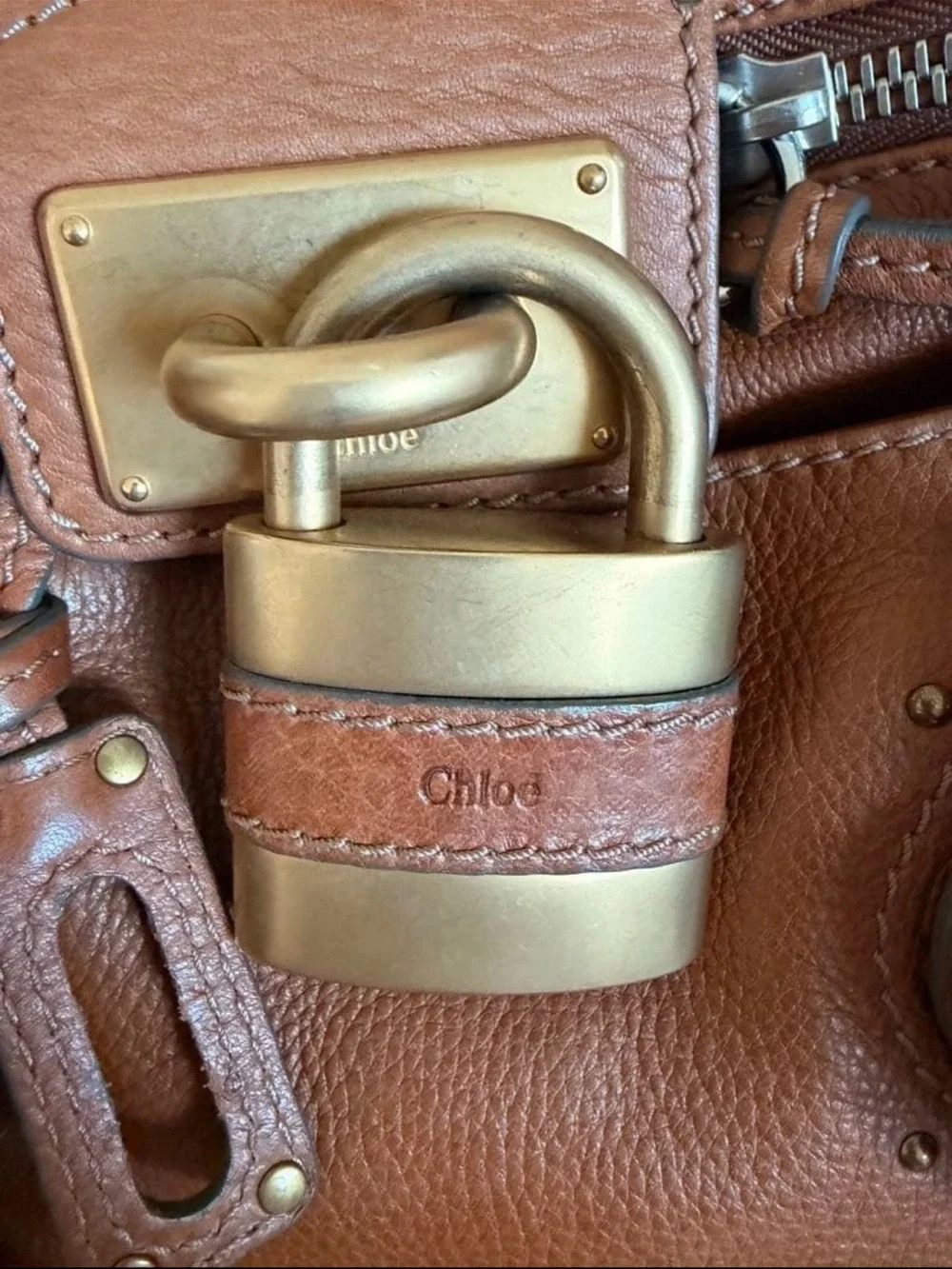 Chloe Tan Brown Leather Satchel with Signature Padlock